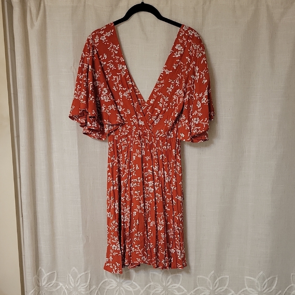 NWOT Orange Sundress with Plunge Neckline and Flutter Sleeves
